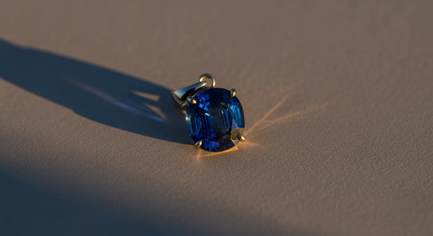 Pendentif saphir bleu profond en gros plan sur fond neutre